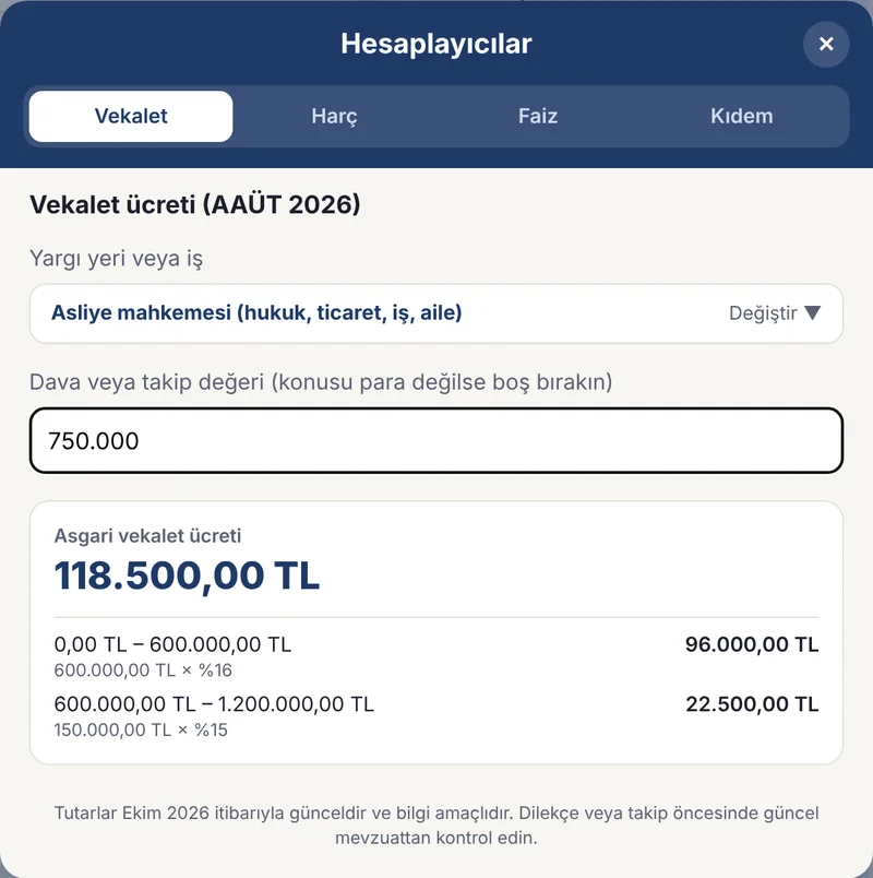 Vekalet ücreti hesaplayıcısı