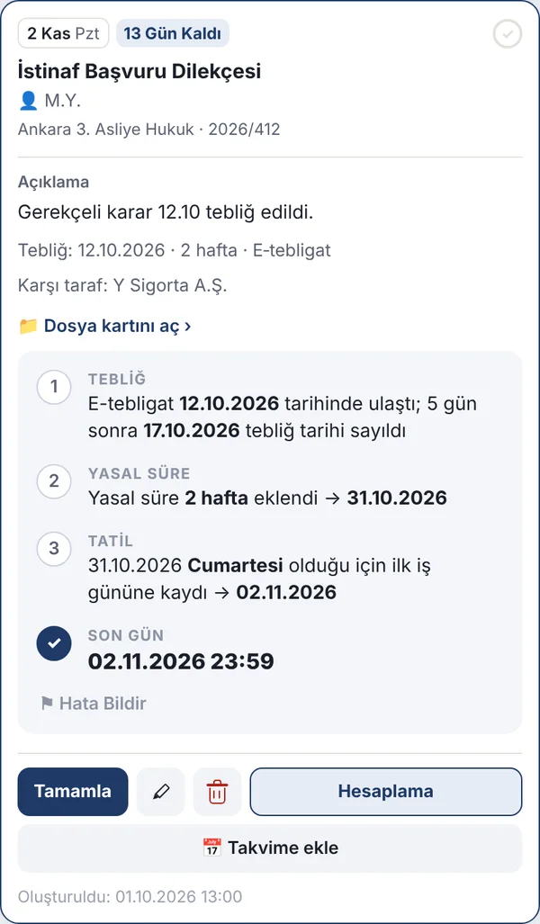 İstinaf başvurusu için adım adım süre hesabı